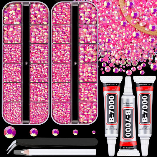 Resin Jelly Rhinestones for Crafting with B7000 Jewelry Glue, 2 Boxes Hot Pink AB Flatback Crystals with 3Pcs 10ml Glue, Bedazzling Non Hotfix Gems for DIY Tumblers Clothing Shoes Manicure-BrightBean Baby