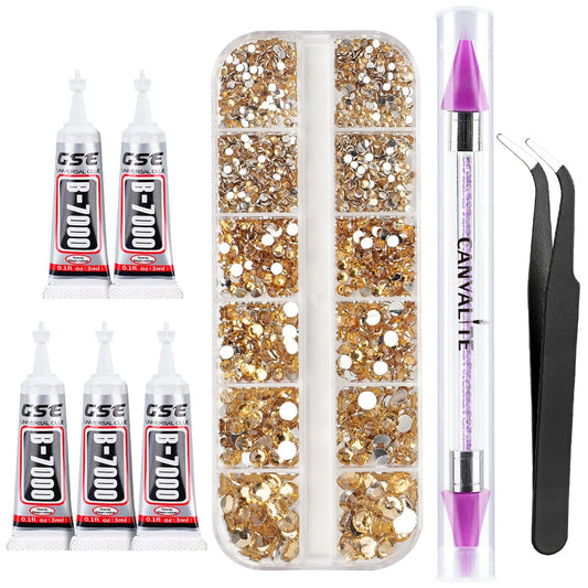 Canvalite 2784Pcs Gold Rhinestones Flatback Gems, Nail Rhinestones Nail Art Gems with Jewelry Glues, Pick Up Tweezers and Rhinestone Picker Dotting Pen, Nail Art Tools for Nails, Clothes, Face, Craft-BrightBean Baby