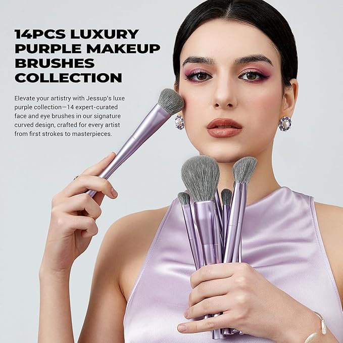 Jessup Makeup Brushes Set Professional 14pcs Vegan Make Up Brushes, Foundation Eyeshadow Concealer Contour Powder Blush Blending Eyeliner Brush, Premium Synthetic Fiber, Luxury Purple T512-BrightBean Baby