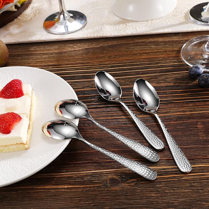 KEAWELL Premium 4-Piece Louise Hammered Spoons Set, 18/10 Stainless Steel, Set of 4, Fine Spoon Set with Round Edge, Dishwasher Safe (5.6" Small Spoons)