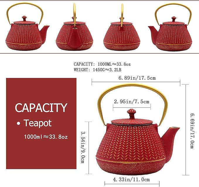 Small Cast Iron Tea Kettle for Stovetop Safe, Red Tea Pot Coated with Enameled Interior, Durable Teapot with Stainless Steel Infuser for Loose Leaf (1000ml/34oz)