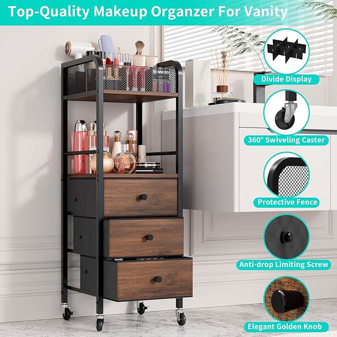 HapiRm Rolling Makeup Cart Organizer - Floor Skincare Make Up Storage with 3 Drawers, Vanity Organizer Cosmetic Display Cases Holder for Skin Care Perfume Nail Polish Brush Hair Tool-BrightBean Baby