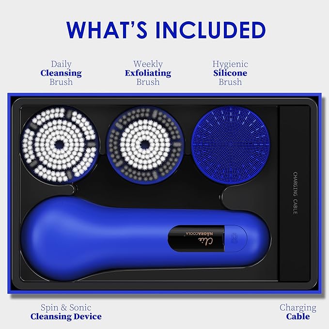 Premium Face Scrubber, Deep Pore Cleansing Brush, Waterproof & Rechargeable Face Scrub Brush for Men& Women, Electric Facial Exfoliator with 3 Brushes, 3 Intensities, 2 Modes with Eye Rollor - Azure-BrightBean Baby