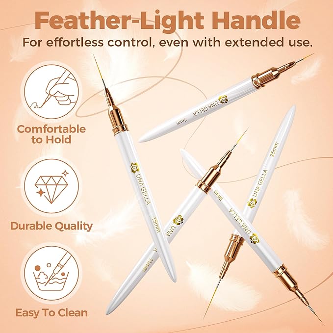 UNA GELLA Nail Art Brushes Metallic, Liner Pens Set For Nail Art Gel Polish, 5Pcs White Color, Detail Nail Art Design Painting Brush Set For Nails Gel Fine Drawing Nail Tools, Sizes 7/9/11/15/25mm-BrightBean Baby