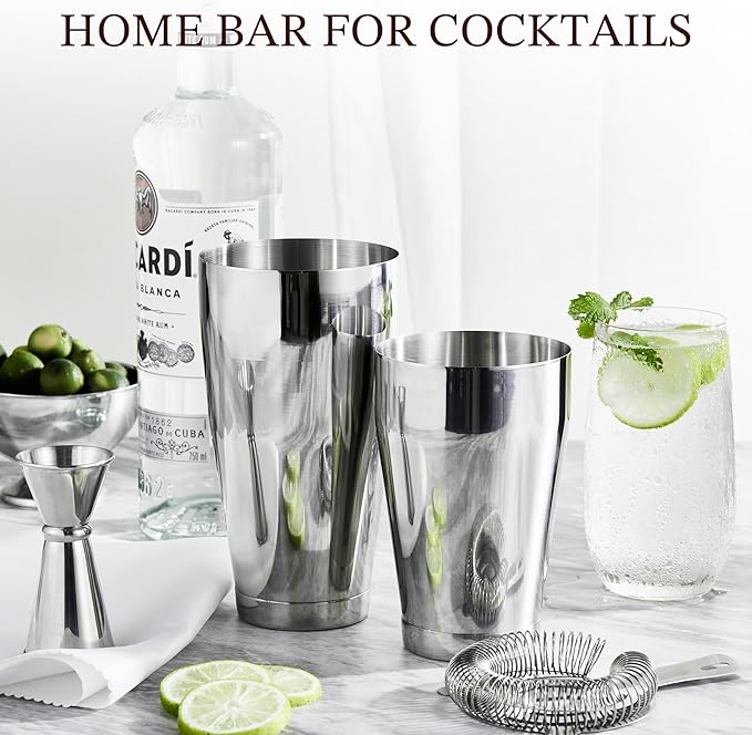 KITESSENSU Cocktail Shaker Set, 2-Piece Boston Shaker Set for Drink Mixing, Premium 18/8 Stainless Steel Martini Shaker for Bartending and Home Bar - 18oz & 28oz, Recipes Booklet Included, Silver