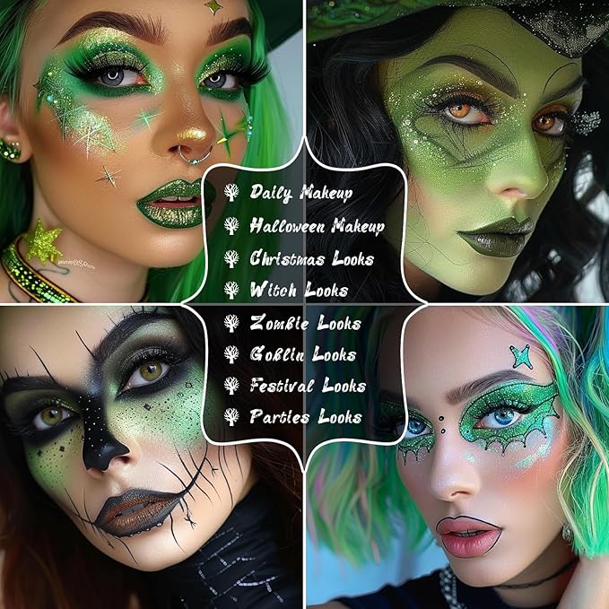 UCANBE Green Eyeshadow Makeup Palette, 15 Colors Bright Dark Green Shimmer Matte Metallic Glitter Eye Shadow, Forest Emerald Lime Pallet Kit for Cosplay Parties Christmas Halloween SFX-BrightBean Baby