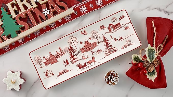 Bico Toile De Jouy Winter Wonderland Ceramic 14 inch Rectangular Serving Platter, Set of 2, for Serving Salad, Pasta, Cheese, Ham, Appetizer, Microwave & Dishwasher Safe