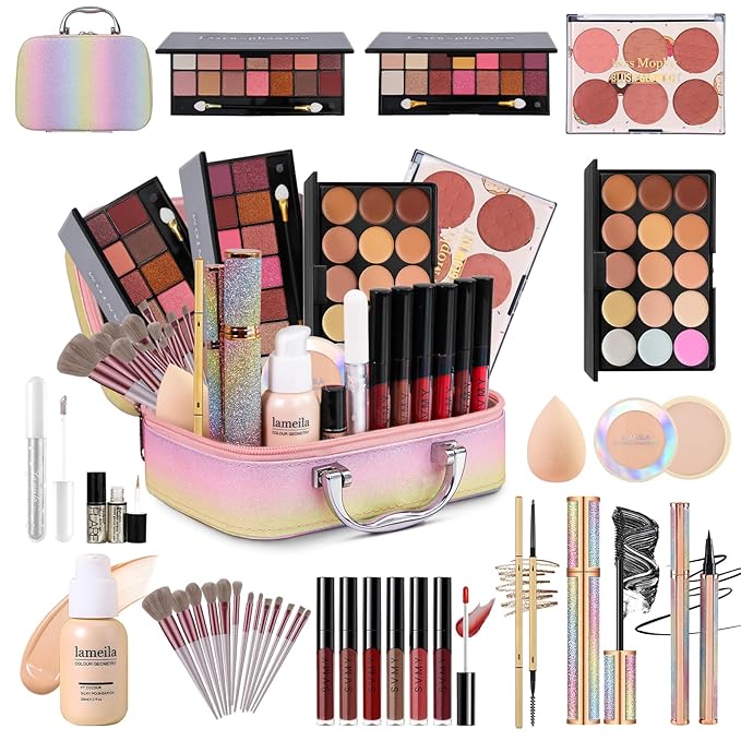 Makeup Kit for Women Full Kit, Travel Makeup Kit, Makeup Gift Set for Teens Girls Beginners Professionals, Makeup Bundle Include 2 Matte & Glitter Eyeshadow Palettes, Lip Gloss Set-BrightBean Baby