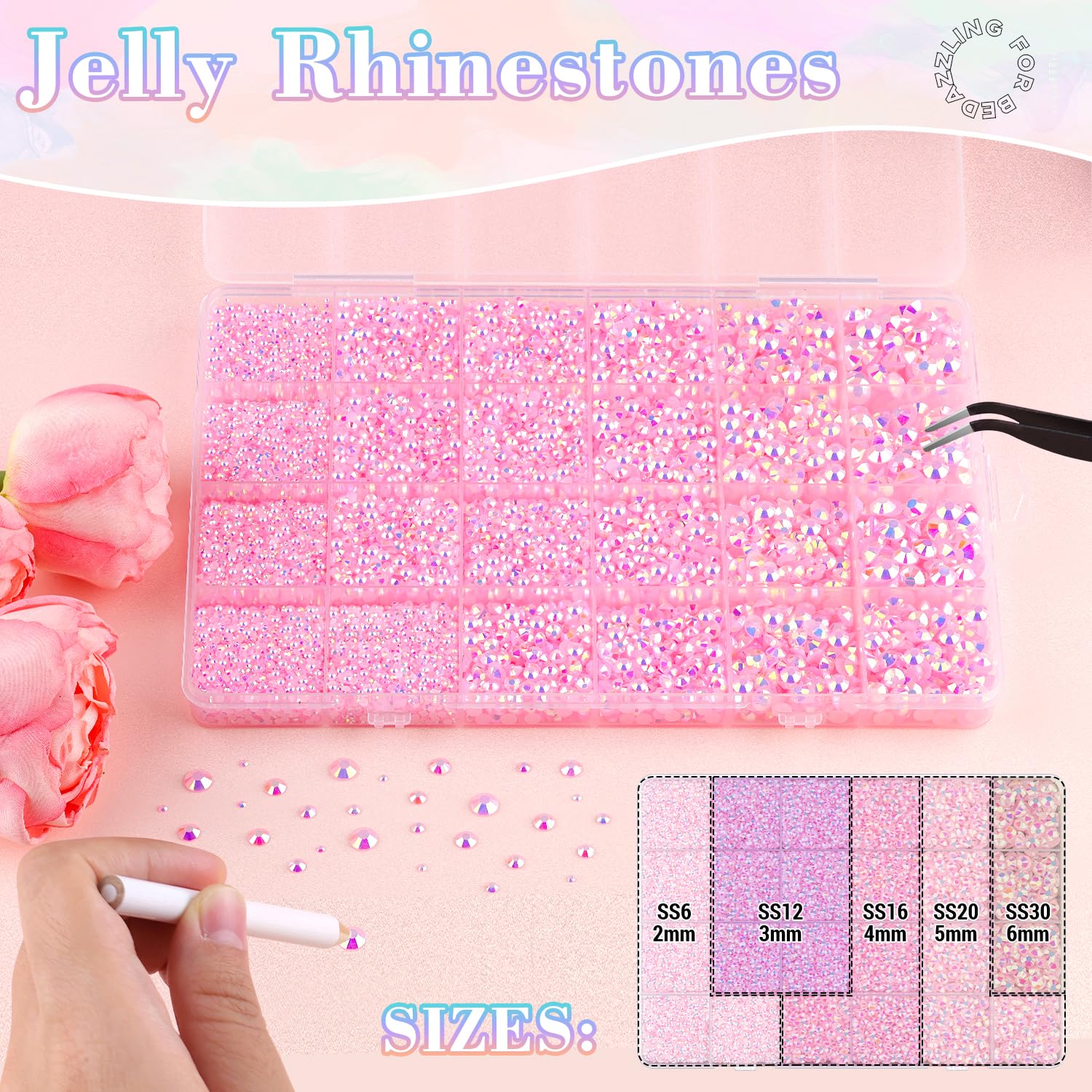 25000Pcs Resin Rhinestones with Tweezers for Crafting, 2-6mm Mixed Sizes (Light Pink AB) Non Hotfix Flatback Gems, Bedazzling Crystal for DIY Crafts Clothing Tumblers Mugs Shoes Decor Nail Art-BrightBean Baby