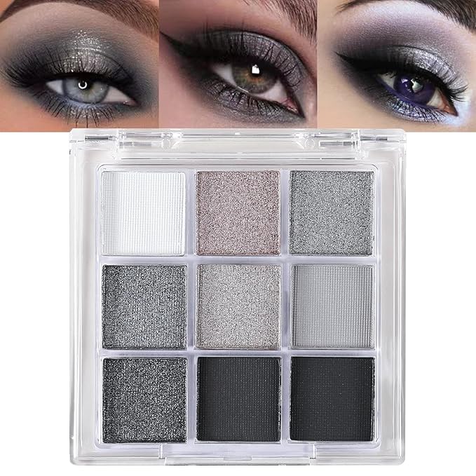 Erinde Black Smokey Gray Silver Eyeshadow Palette, 9 Colors Matte Shimmer Glitter Eye Shadow Makeup Pallet, Highly Pigmented Long Lasting Waterproof, Natural Neutral Shiny Eyeshadow Make Up Palette-BrightBean Baby