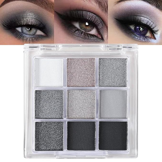 Erinde Black Smokey Gray Silver Eyeshadow Palette, 9 Colors Matte Shimmer Glitter Eye Shadow Makeup Pallet, Highly Pigmented Long Lasting Waterproof, Natural Neutral Shiny Eyeshadow Make Up Palette-BrightBean Baby