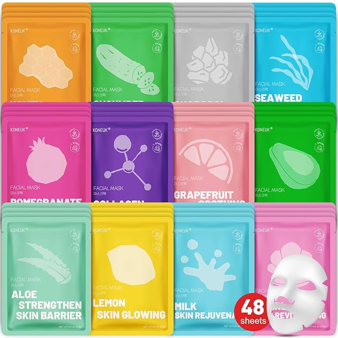 48 Pack Collagen Hydrating Face Masks Skincare for Women, Moisturizing & Soothing Face Mask for All Skin Types, Facial Masks Set Spa Gifts for Women, Bulk Sheet Face Mask for Skin Care-BrightBean Baby