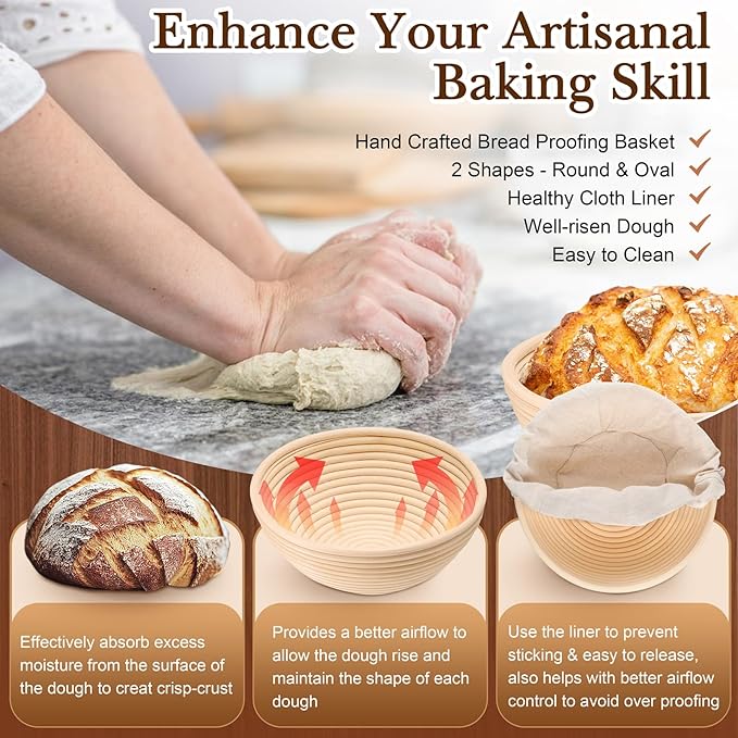 TeamFar Sourdough Bread Baking Supplies, 9” Round and 10” Oval Sourdough Starter Kit, Proofing Basket Set with Cloth Liner, Bread Lame, Whisk Dough, Bowl Scraper, Brush