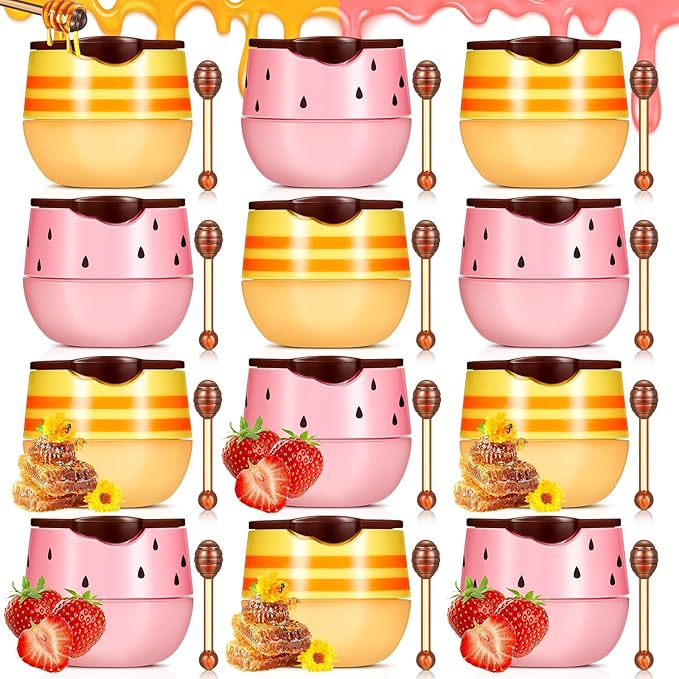 12 Pcs Bee Lip Balm Honey Pot with Brush Propolis Lip Mask Overnight, Moisturizing Hydrating Lip Sleeping Mask Prevention Dry and Cracked(Honey+Strawberry)-BrightBean Baby
