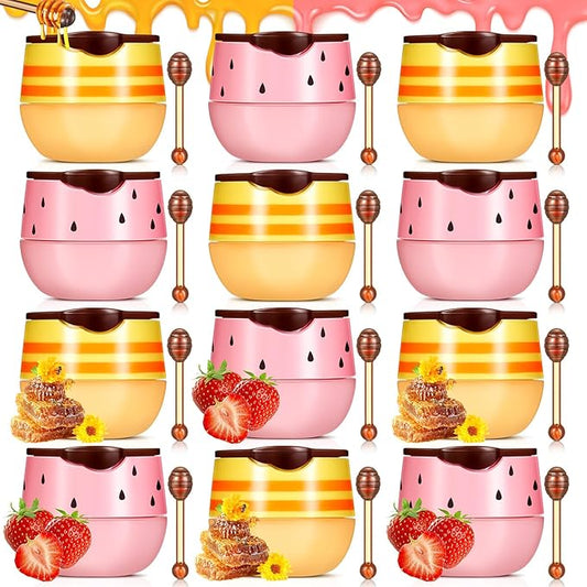 12 Pcs Bee Lip Balm Honey Pot with Brush Propolis Lip Mask Overnight, Moisturizing Hydrating Lip Sleeping Mask Prevention Dry and Cracked(Honey+Strawberry)-BrightBean Baby
