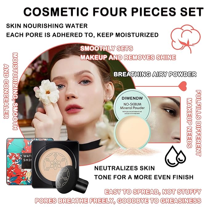 Mushroom Head Air Cushion CC Cream Full Coverage Liquid Foundation Set,Oil Control Concealer Lasting Moisturizing BB Cream,Loose Setting Face Powder Moisturizer Base Primer Makeup with Makeup Sponge-BrightBean Baby