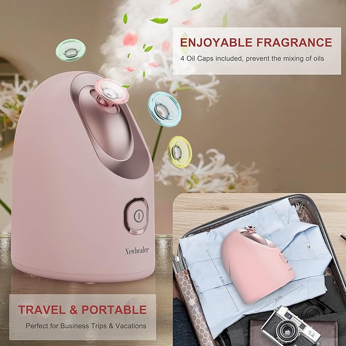 Newbealer Facial Steamer, Mini Aroma Face Steamer, Nano Ionic Hot Mist Facial Humidifier Atomizer, Home Sauna Spa Sprayer Moisturizing Cleansing Pores, 9 Pieces Acne Remover Kit (Pink-Gold, 160ml)-BrightBean Baby