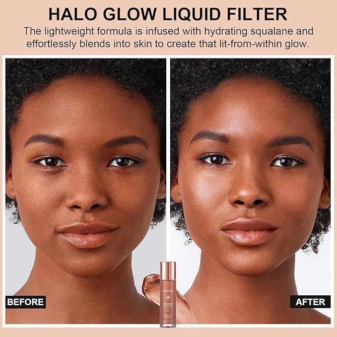 Natural Glow Liquid Filter Makeup, Longwear Face Luminizer, Complexion Booster For Any Part of the Body, Liquid Highlighter with Brush Kit, Infused Hyaluronic Acid, 1.06 fl oz (#08 RICH)-BrightBean Baby