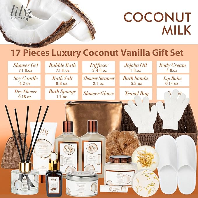 Bath and Body Gift Basket Set for Women - Coconut Vanilla Spa Gift Basket for Women 17-Piece Luxury Bath Gift Set with Shower Gel Self Care Pampering Gifts for Mothers Day, Christmas, Birthday Gifts-BrightBean Baby