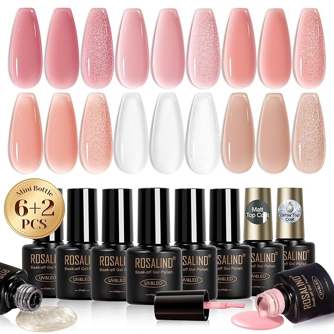 ROSALIND Jelly Gel Polish Set with Matte and Glitter Gel Top Coat, 6 Translucent Colors Neutral Sheer Milky White Nude Pink base Gel Nail Polish set Nail Art DIY at Home-BrightBean Baby