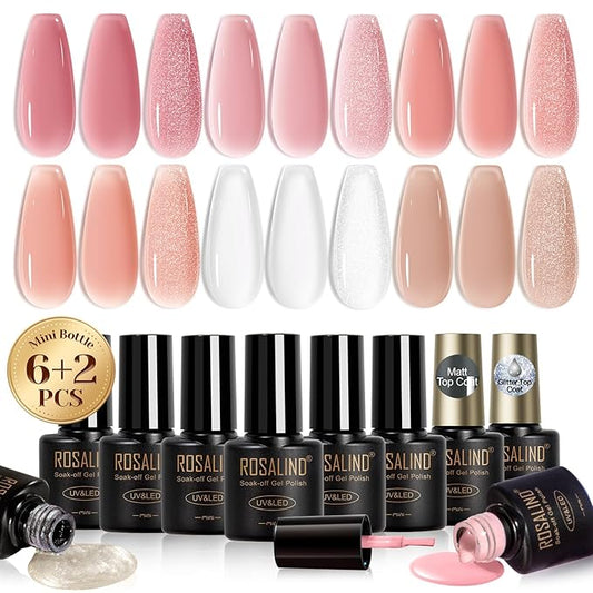 ROSALIND Jelly Gel Polish Set with Matte and Glitter Gel Top Coat, 6 Translucent Colors Neutral Sheer Milky White Nude Pink base Gel Nail Polish set Nail Art DIY at Home-BrightBean Baby