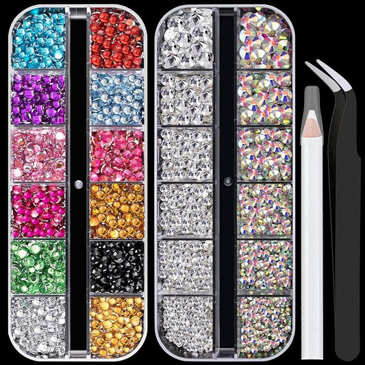 Flat Back Rhinestone Kits Colorful Rhinestones+Crystal AB&Transparent White Gems With Picker Pencil And Tweezer For Home DIY And Professional Nail Art-BrightBean Baby