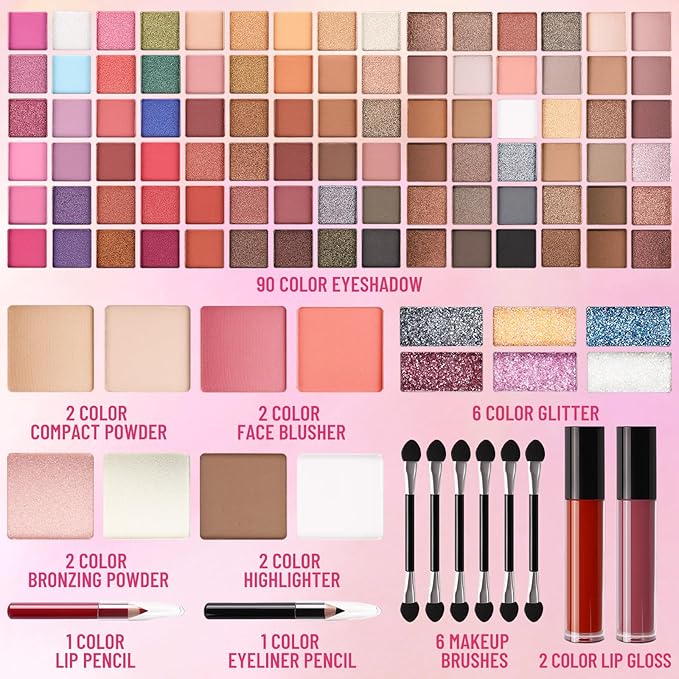 All In One Professional Makeup Kit Include Eyeshadow Palette Blushes Compact Bronzing Highlighter Powder Glitter Lipliner Eyeliner Pencil Brushes with Mirror Make Up Set Christmas Gifts For Women Girl-BrightBean Baby