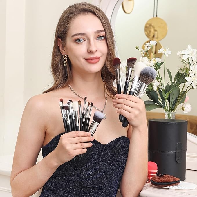 Bueart Design Pro makeup Artist 34Pcs Deluxe Real Goat Hair Horse hair Makeup Brushes Set with extra Large Holder High End Professional labeled makeup brush set with natural Pony Hair-BrightBean Baby