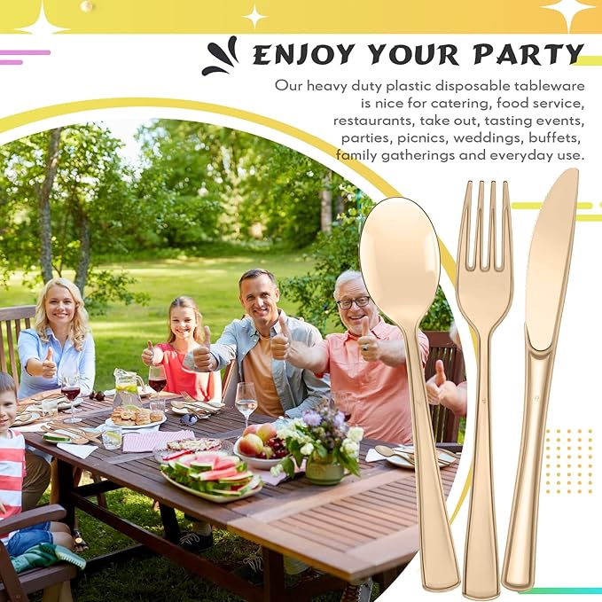 Minatee 150 Pieces Disposable Cutlery Set Plastic Silverware Heavy Duty Utensil Sets 50 Forks 50 Knives 50 Spoons for Home Office School Party Picnics Restaurant Outdoor Events(Coffee)