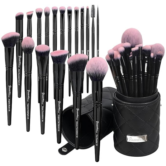 Bueart Design 18Pcs Pro Deluxe Fuchsia Pink Black Makeup Brushes set with Travel Make up Brush Holder case Foundation concealer contour Blush eyeshadow face make up brush set-BrightBean Baby