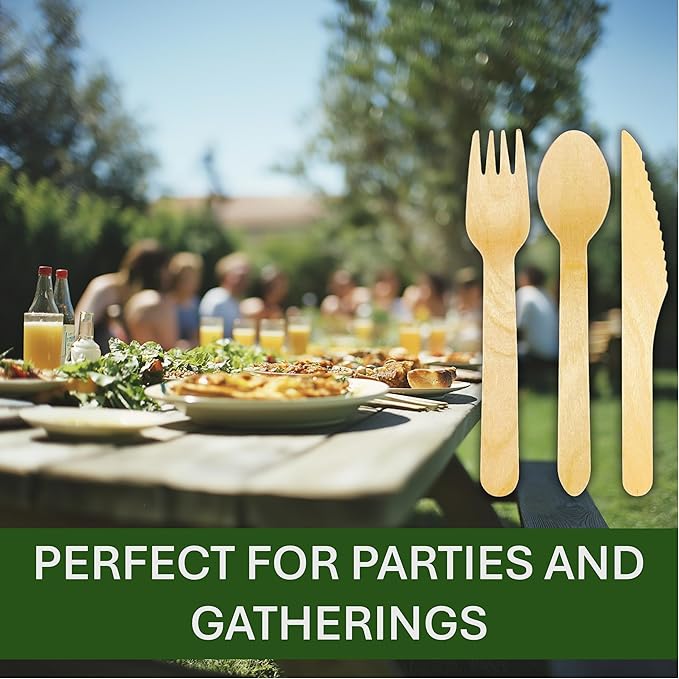 Disposable Wooden Cutlery Set 360 PCS - 100% Compostable Wooden Silverware [120 Forks, 120 Spoons, 120 Knives] - Wooden Disposable Utensils - Compostable Forks and Spoons - Silverware