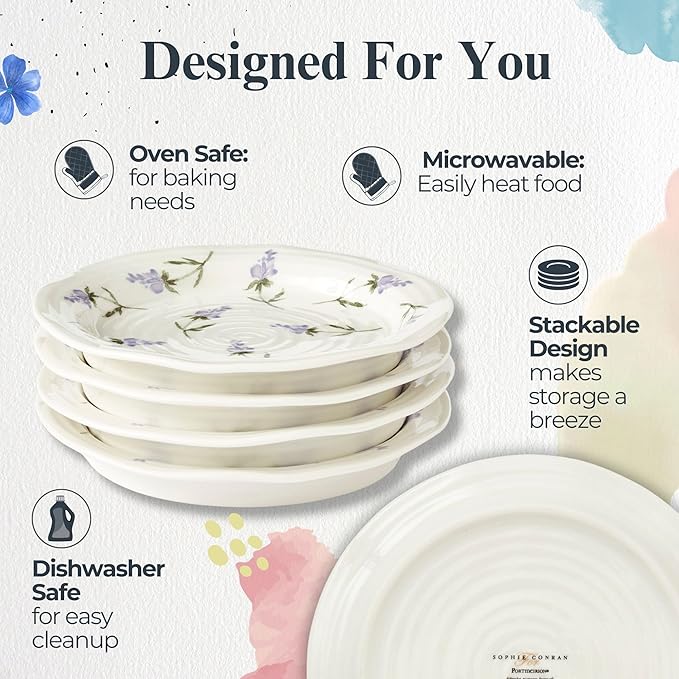 Portmeirion Sophie Conran Lavandula Side Plates - Set of 4, Ripple Edge with Lavender Design - For Tapas, Afternoon Tea & Snacks - 6 Inch Floral Porcelain Dishes for Garden Parties & Dining Events