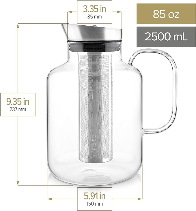 Teabloom 100% Plastic-Free Extra-Large Multi-Brew Borosilicate Glass Teapot + Kettle + Pitcher – Steep and Serve Hot Tea, Iced Tea, Cold Brew Tea and Fruit Infused Water – Legacy Tea Maker