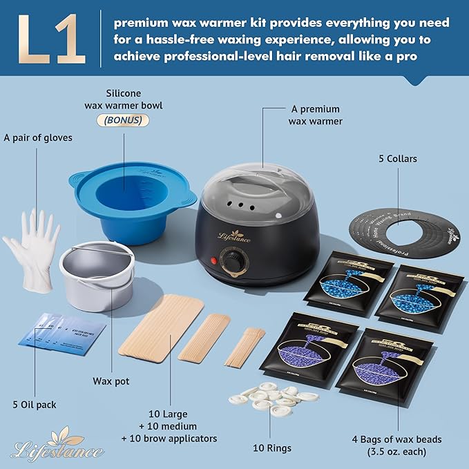 Lifestance Complete Home Waxing Kit, L1 Hard Wax Warmer for Hair Removal, Brazilian Bikini Wax Kit for Women Men, 59 Items, No-Mess Silicone Liner, Wax Heater, Hot Wax Pot for Body Leg Face Eyebrow-BrightBean Baby
