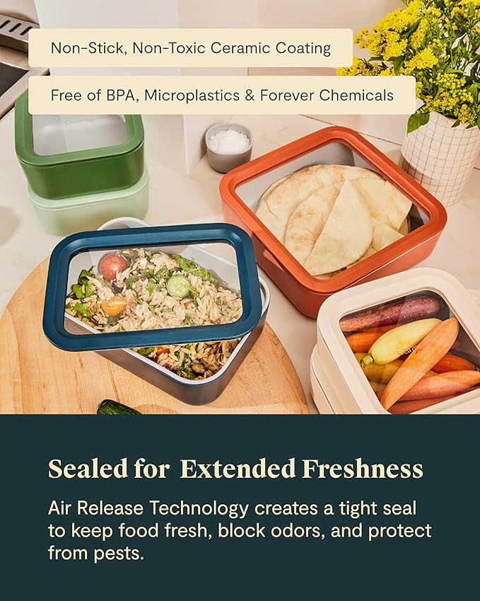 Caraway 13pc Glass Food Storage Container Set - Easy to Store, Non Toxic Lunch Box - with Glass Lids - Includes Storage Organizer - Gray