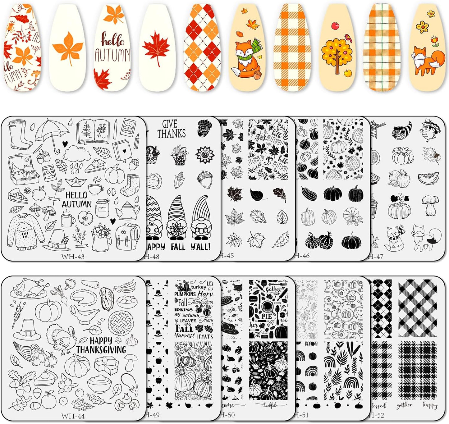 Whaline 10 Sheet Fall Nail Art Stamping Plates Kit Happy Thanksgiving Pumpkins Maple Leaf Gnome Plaid Autumn Blessings Collection Nail Art Plate for Autumn Thanksgiving Nail Art Design DIY Print-BrightBean Baby