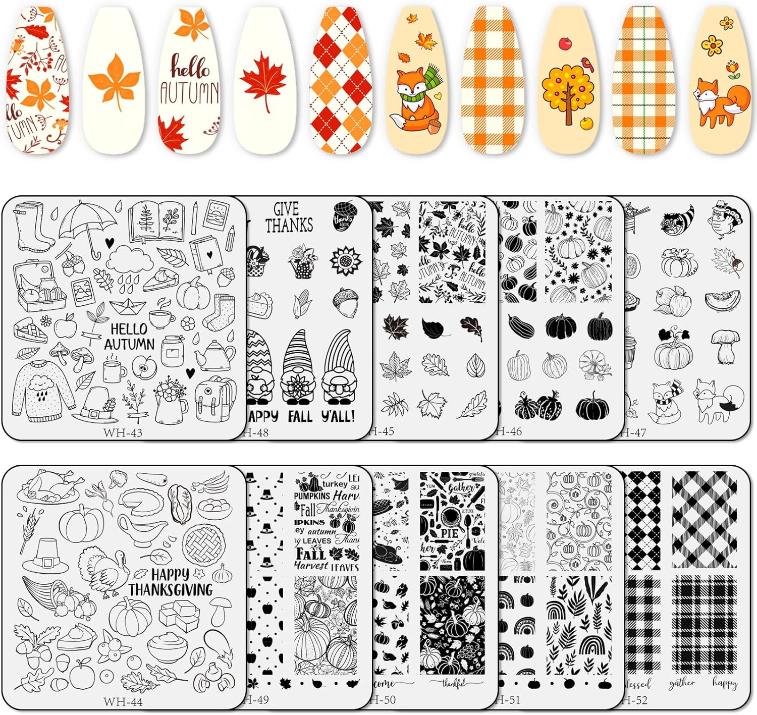 Whaline 10 Sheet Fall Nail Art Stamping Plates Kit Happy Thanksgiving Pumpkins Maple Leaf Gnome Plaid Autumn Blessings Collection Nail Art Plate for Autumn Thanksgiving Nail Art Design DIY Print-BrightBean Baby