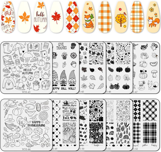 Whaline 10 Sheet Fall Nail Art Stamping Plates Kit Happy Thanksgiving Pumpkins Maple Leaf Gnome Plaid Autumn Blessings Collection Nail Art Plate for Autumn Thanksgiving Nail Art Design DIY Print-BrightBean Baby