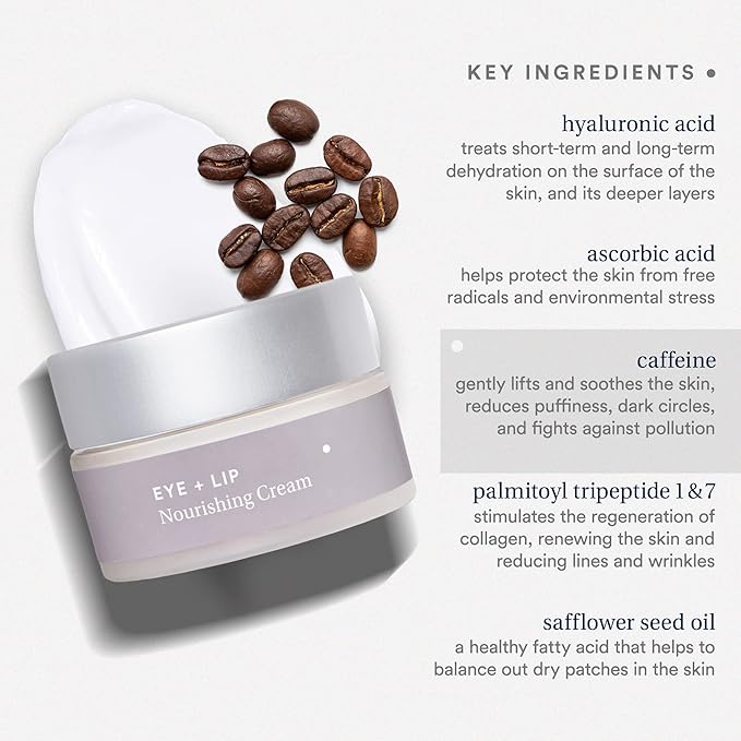 Eye+Lip Nourishing Cream with Caffeine, Vitamin K, Vitamin C, and Peptides. De-Puffs and Reduces Dark Circles. Fragrance-Free, Cruelty-Free. (0.5 ounce) (0.5 oz)-BrightBean Baby