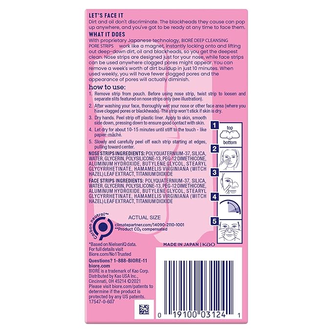 Bioré Nose+Face Blackhead Remover Strips, Deep Cleansing Strips for Nose, Chin, or Forehead, Instant Blackhead Removal and Pore Unclogging, Oil-free, Non-Comedogenic Use, 14 Count-BrightBean Baby