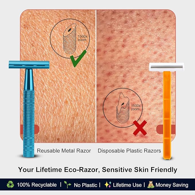 Double Edge Safety Razor, Single Blade Razors for Men and Women, with 10 Stainless Steel Safety Razor Blades, Smooth and Close Wet Shaving, Plastic Free, Blue-BrightBean Baby