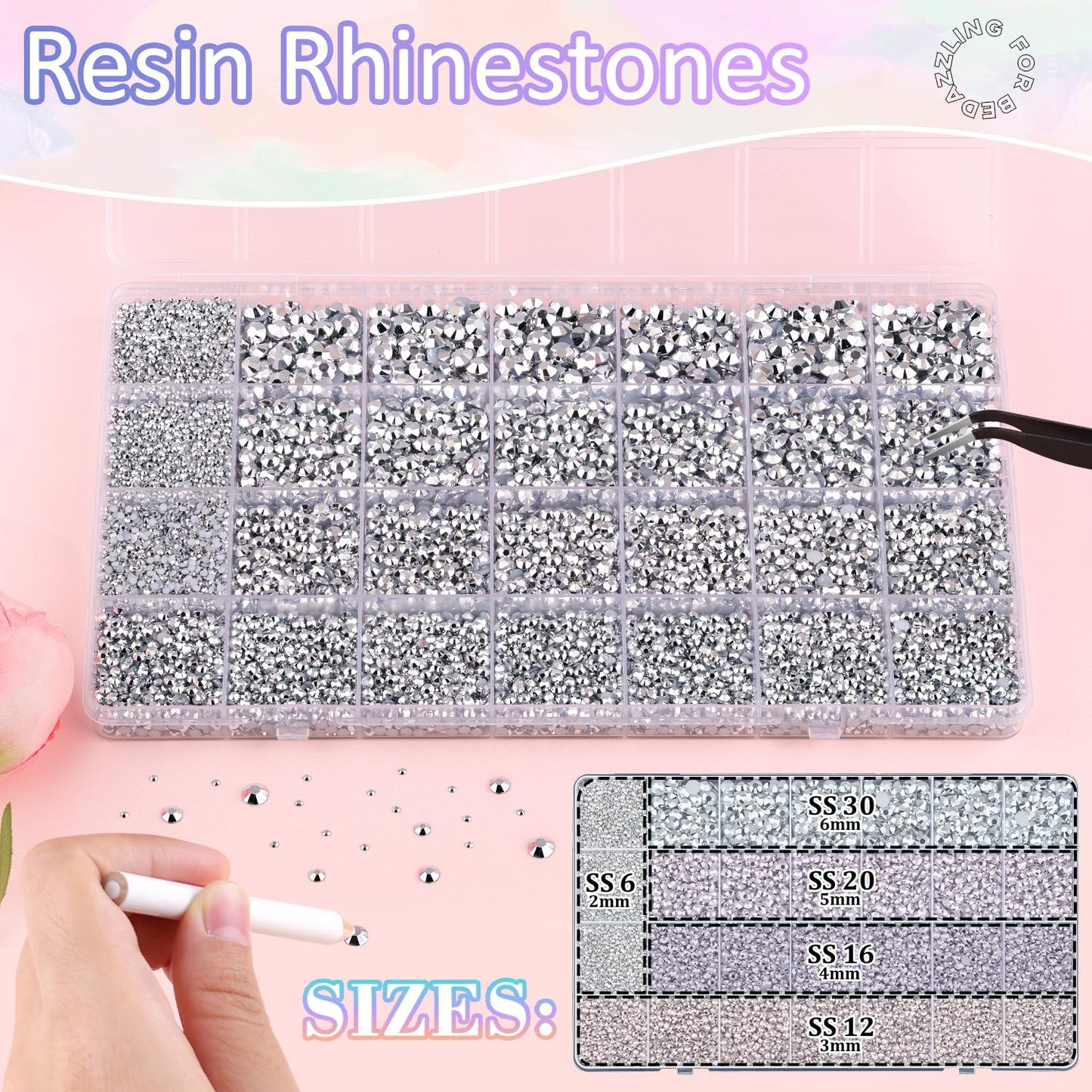 30000Pcs Resin Rhinestones for Bedazzling with 3Pcs B7000 Jewelry Glue, Silver Flatback Gems Rhinestones for Crafting, Clothing Tumblers Mugs Shoes Fabric Decor Nail Art-BrightBean Baby