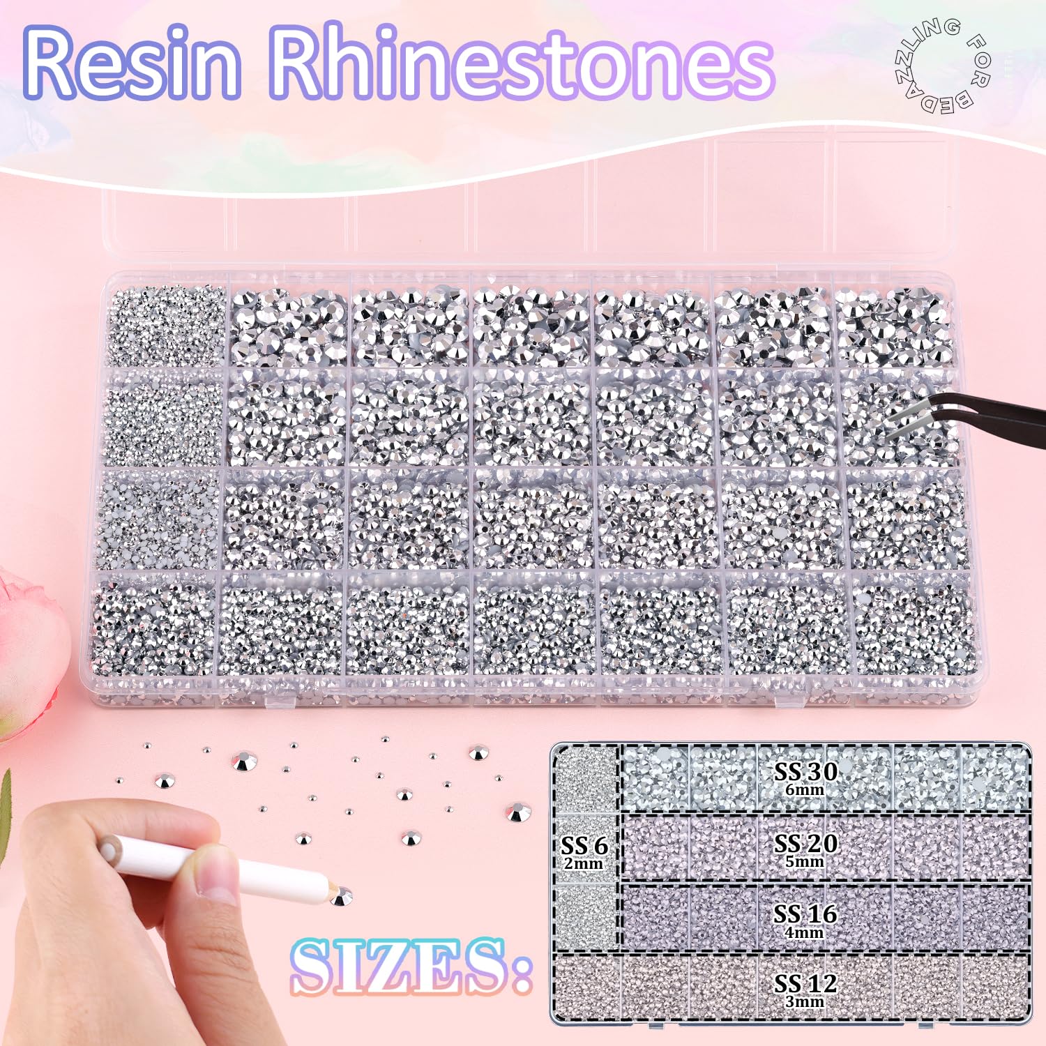 30000Pcs Resin Rhinestones for Bedazzling with 3Pcs B7000 Jewelry Glue, Silver Flatback Gems Rhinestones for Crafting, Clothing Tumblers Mugs Shoes Fabric Decor Nail Art-BrightBean Baby