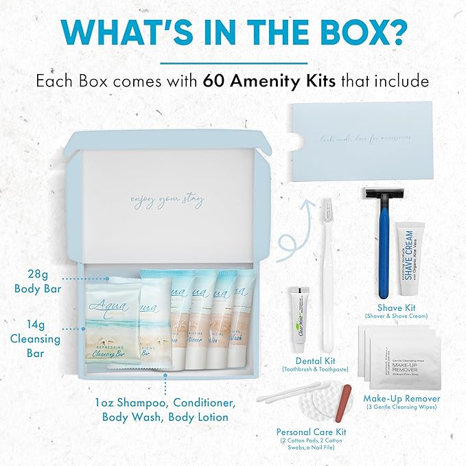 Aqua Organics Amenity & Accessory Kit|1oz Travel Size Shampoo,Conditioner,Lotion,Body Wash,Body Bar, Cleansing Bar, Shave & Dental Sets, Make-Up Remover Wipes & Vanity Kit|60 sets-BrightBean Baby