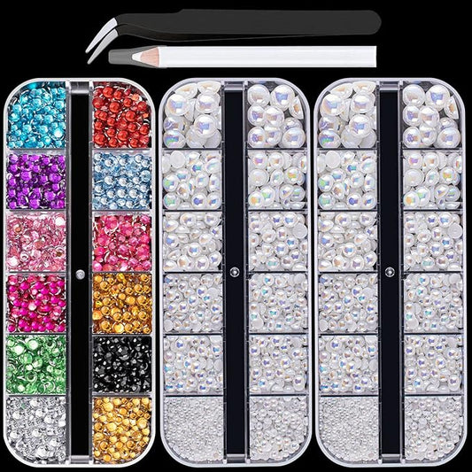 Flat Back Rhinestone+Half Round Pearl Kits Colorful Rhinestones+White AB Pearls With Picker Pencil And Tweezer For Home DIY And Professional Use-BrightBean Baby