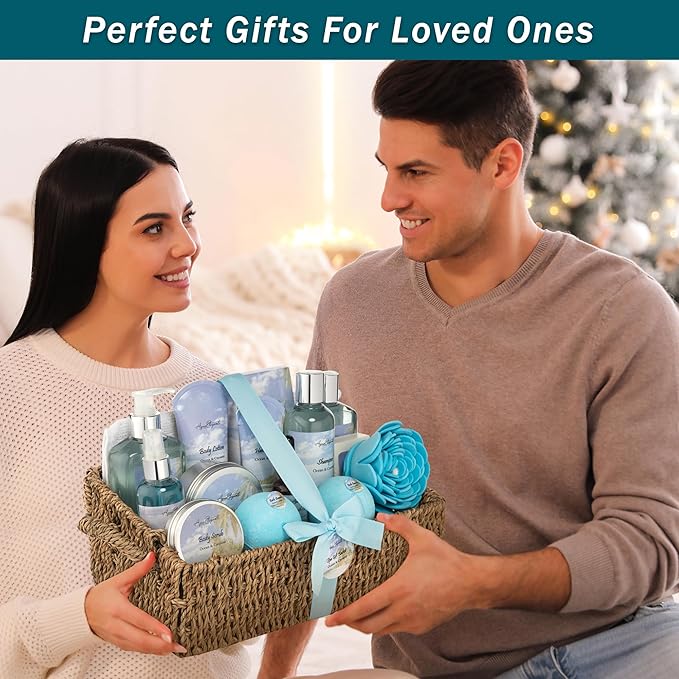 Bath Spa Gift Sets - Luxury Basket With Ocean & Coconut - Spa Kit Includes Wash, Bubble Bath, Lotion, Bath Salts, Body Scrub, Shower Puff, Bathbombs, Soap and Towel-BrightBean Baby