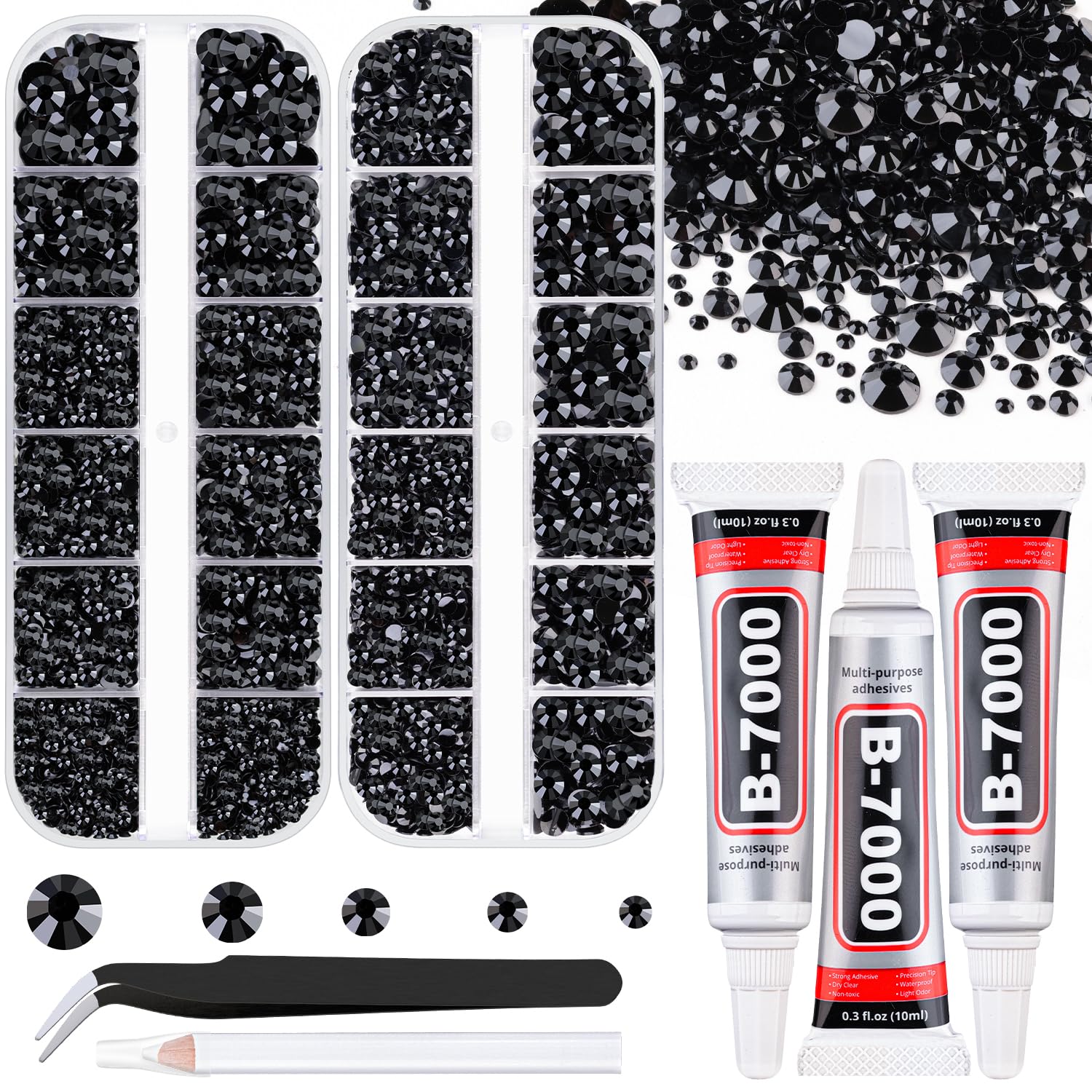 Resin Rhinestones for Crafting with B7000 Jewelry Glue, 2 Boxes Black Flatback Crystals with 3Pcs 10ml Glue for Bedazzling Crafts DIY Nail Art Makeup，Non Hotfix Gems for Clothing Shoes-BrightBean Baby