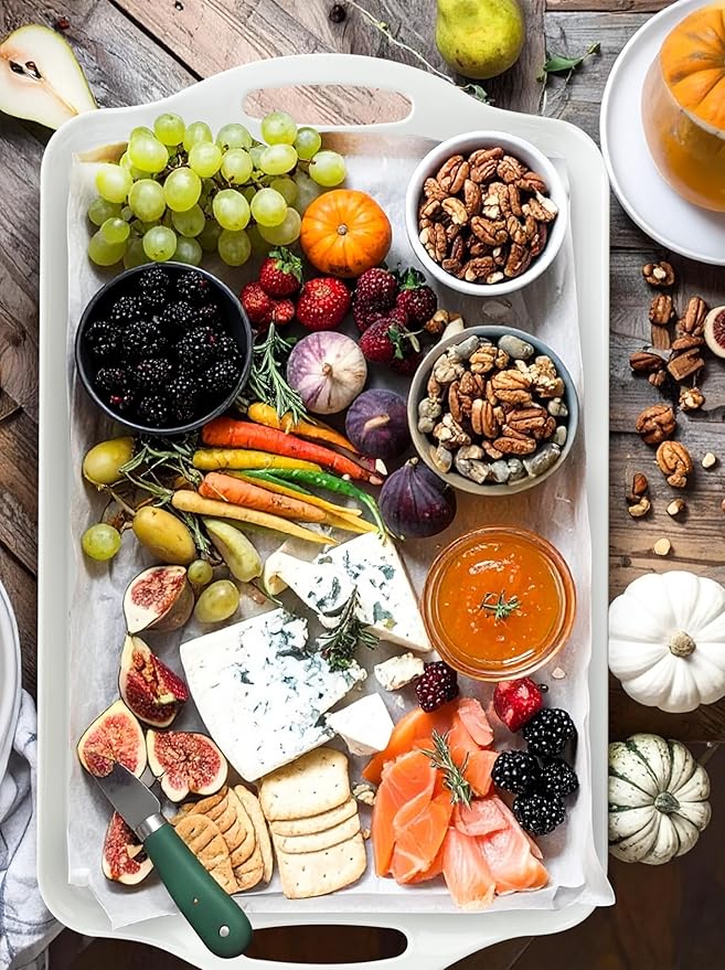 Extra Large White Serving Tray with Handles, 19''x11.6'' Melamine Platters, Rectangular Trays for Serving Food, Turkey, Cookie, Cupcakes, Desserts, Dishwasher Safe, BPA-Free, Set of 2