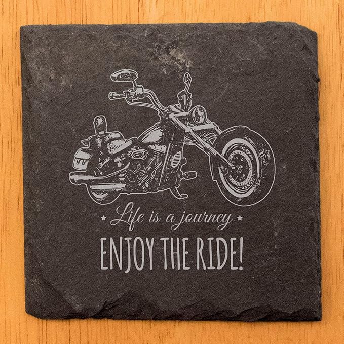 Coast in Style: Rustic Slate Coasters with Motorcycle Design - Square Slate - Set of 5