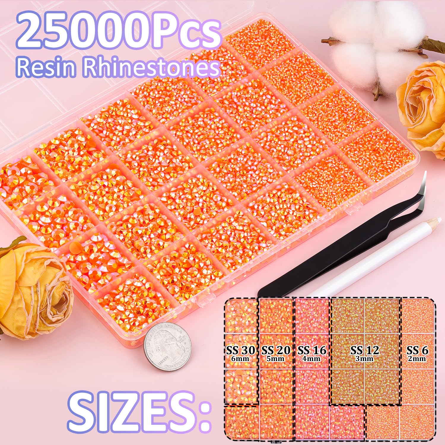 25000Pcs Resin Rhinestones with Tweezers for Crafting, Orange AB 2-6mm Mixed Sizes Bedazzling Crystal with 3Pcs 10ml B7000 Jewelry Glue for DIY Crafts Clothing Tumblers Shoes Fabric Nail Art-BrightBean Baby